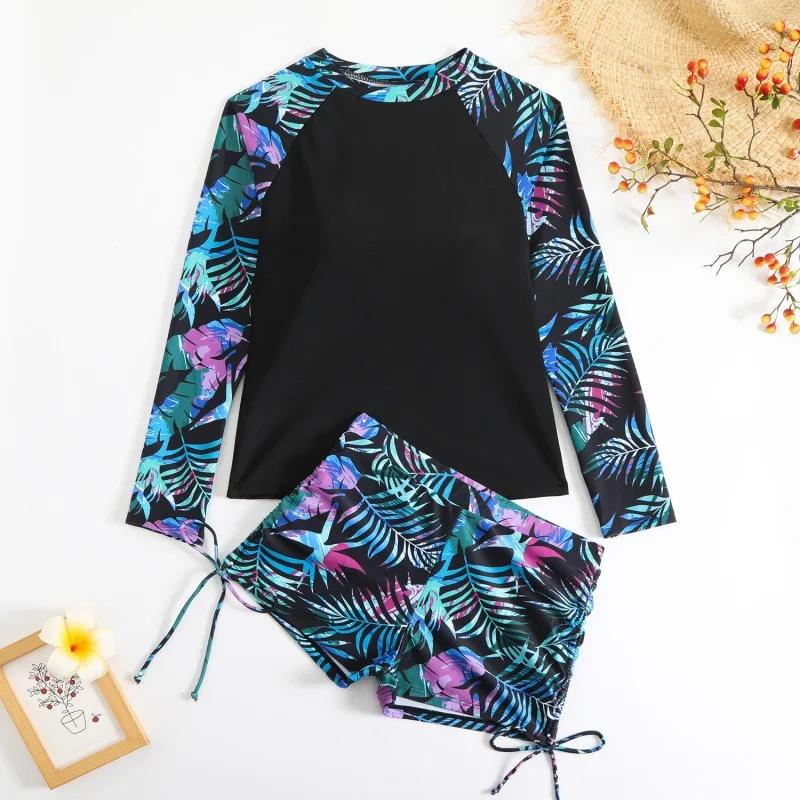 New 2025 Ladies Long Sleeve Printed Bikini Set Separate Tankini Swimsuit Women Fashionable Patchwork Design Swimming Costume