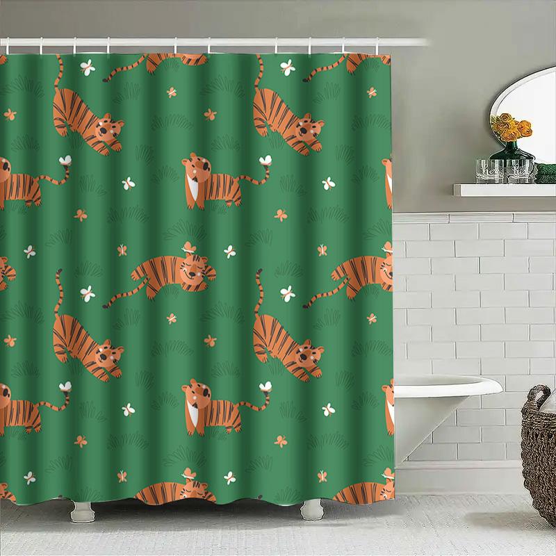 Tiger Print Shower Curtain Waterproof Fabric Decoration Home Bathroom Decor Green 3D Printing Bath Rug Set