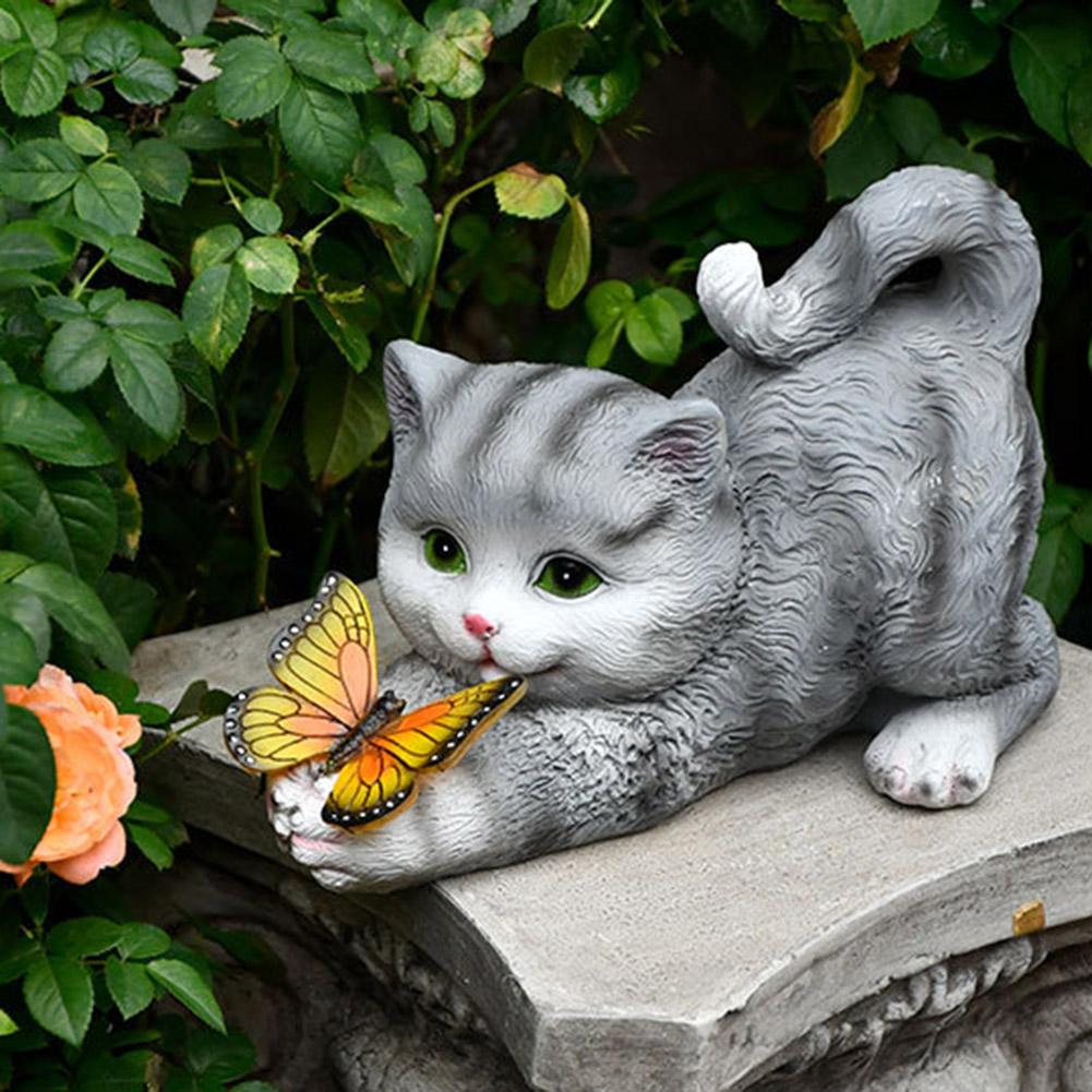 Cute Cat and Butterfly Figurine Housewarming Gift Cat Solar Garden Statue Solar Garden Statue Cat for Mom Grandma Lawn Ornament