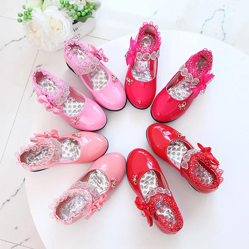 Girl Shoes Spring Autumn New Girl Princess Shoe High Heel Dance Single Shoe Water Diamond Kid Leather Shoes Kid Shoes Mary Jane