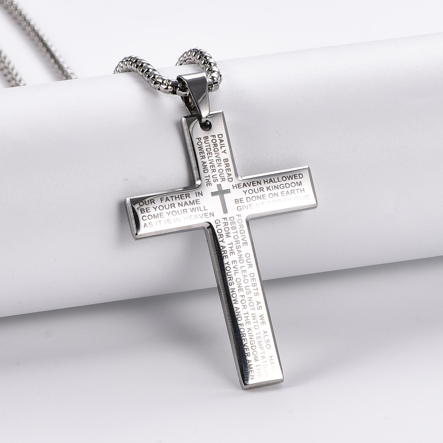 Stainless Steel Cross Big Bible Letter Pendant Necklace for Men Women Catholic Prayer Lucky Jewelry Only pendant