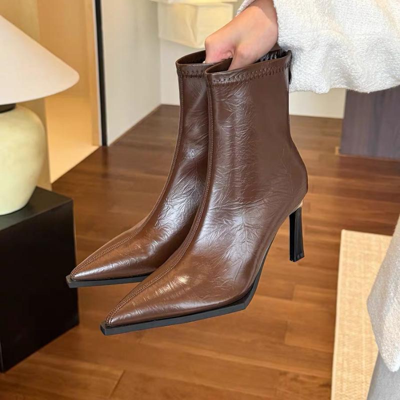 Pointed Toe Ankle Boots Women's Single Boots British Style 2025 Autumn New High Heel Soft Leather Ankle Boots