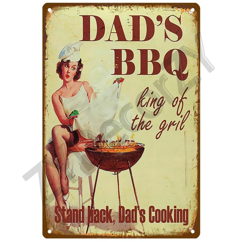 Retro BBQ Tin Sign - Vintage Wall Posters & Metal Decor - Decorative Wall Plate for Kitchens, Patios & Barbecue Themed Spaces