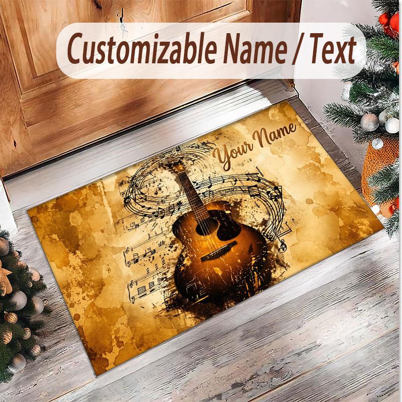 Music Guitar Theme Soft Crystal Velvet Rug Custom Name & Text Print Non Slip Floor Rug for Bedroom Living Room