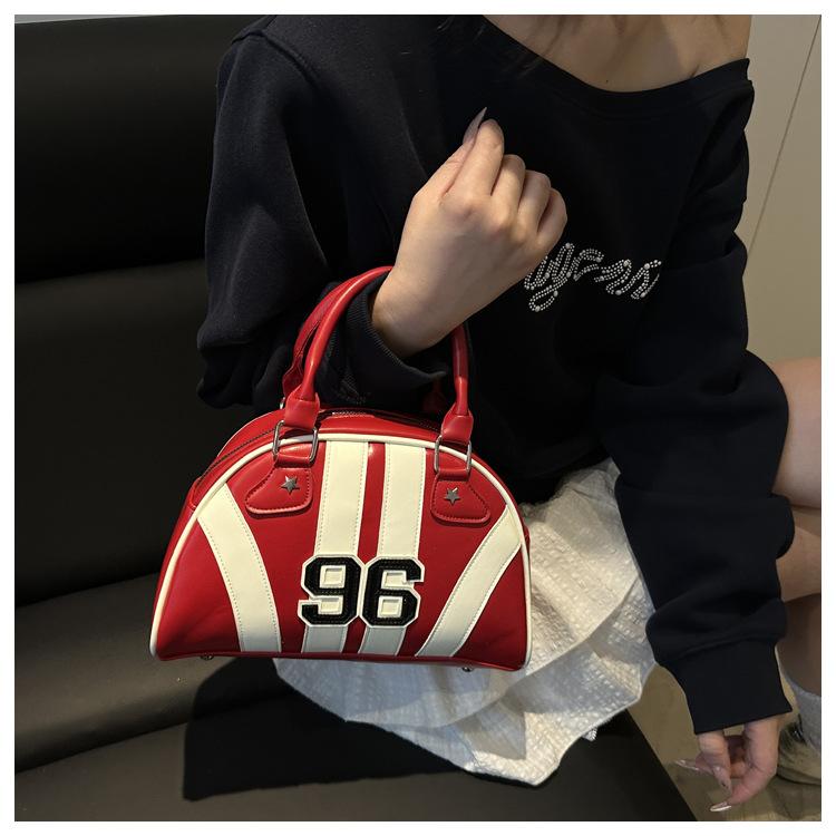 New Japanese Style Faux Leather Boston Bag for Women, Trendy Handheld Shoulder Crossbody Purse, Racing Style Bowling Handbag CLE
