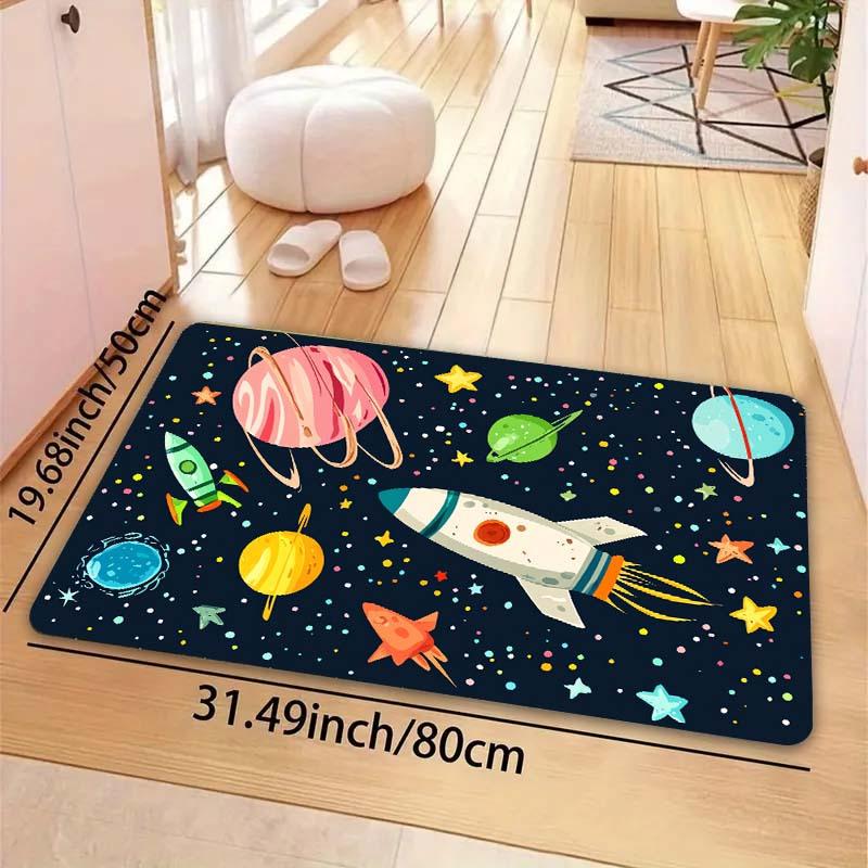 Cartoon Space & Rocket Print Area Rug, Non-Slip Play Mat for Kids Bedroom, Playroom, Nursing & Home Decor