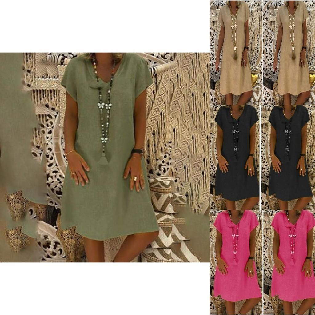 Stylish Summer Women's Short Sleeves V-neck Tunic Midi Dress For Plus Size Fashion