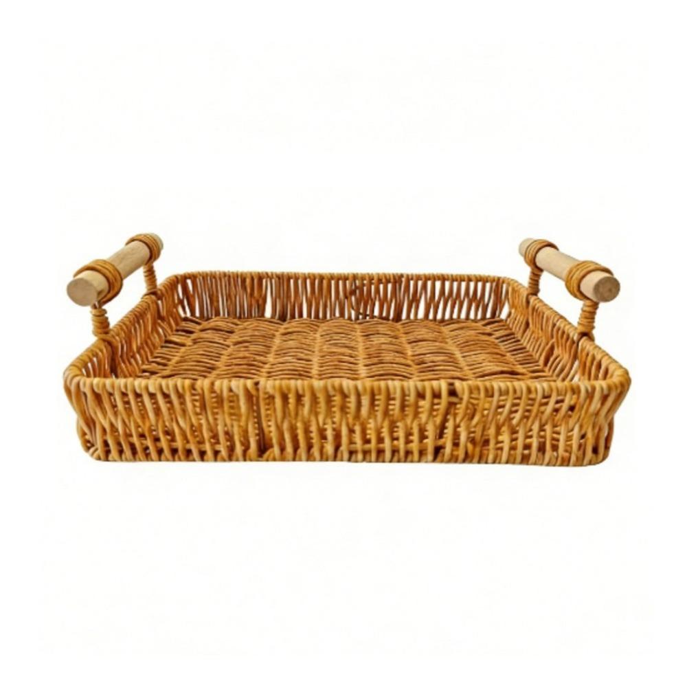 Rectangular Imitation Rattan Storage Basket Plastic Food Serving Tray  Vegetable 11.02x7.87in коричневый