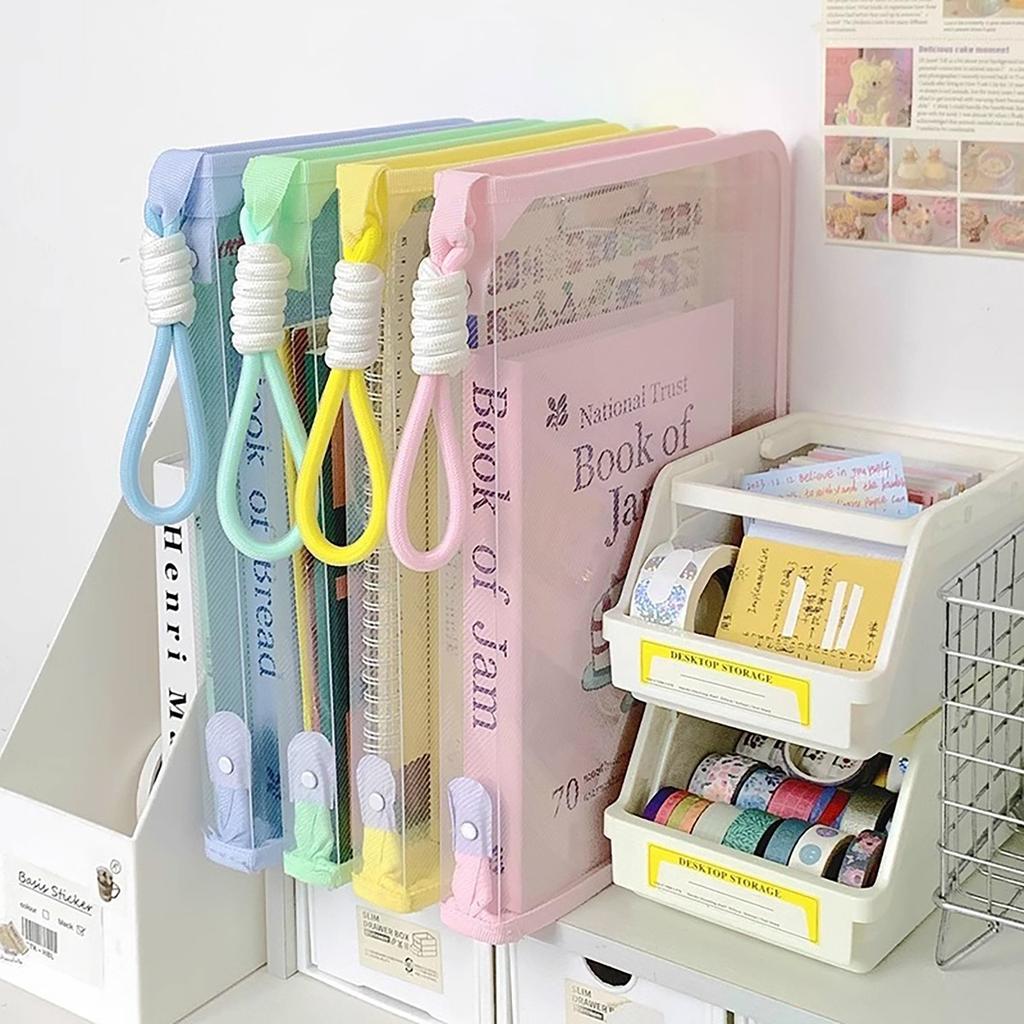 Pastel Transparent A4 Document Holders Extra Large Zipper Closure, Waterproof Thickened School File Bag with Handle Stationery