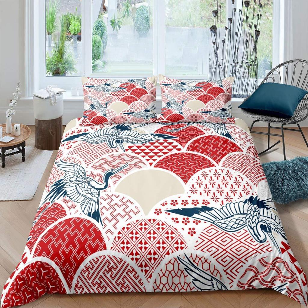 Comforter Crane Queen Size Japanese-Style Bedding Set Cherry Blossoms Pattern Women Girls Japanese Traditional