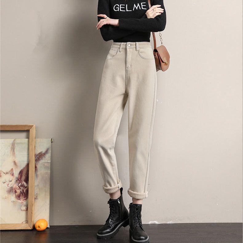 Khaki Harem Jeans mit hohem Bund - Damen 2025 Schlankmachende Karottenhose mit Samtfutter für Herbst/Winter