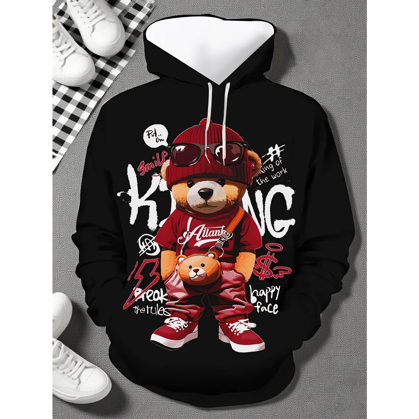 

3D digital printed cartoon bear pattern men s black kangaroo bag hooded sweatshirt, warm and comfortable long sleeved top 13-14Y