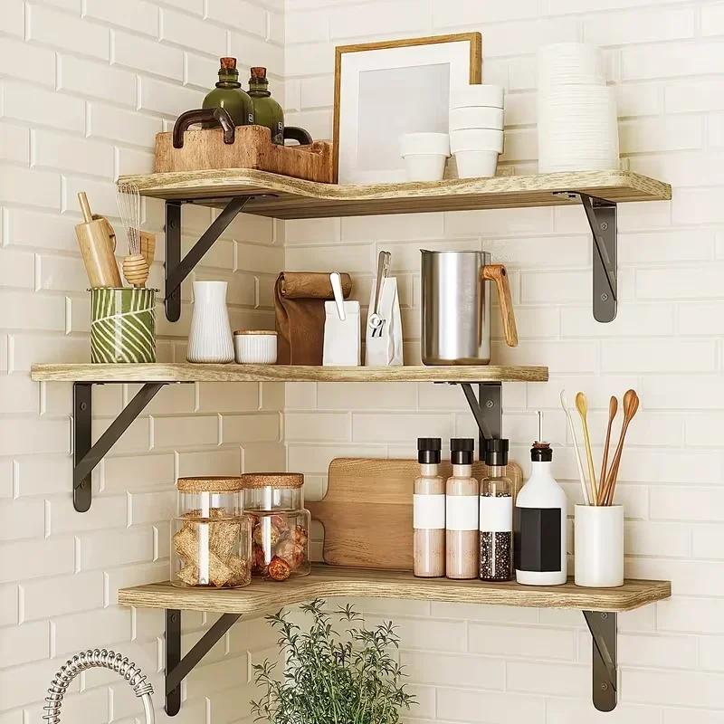 Latest Models Corner Shelves Wall Mounted Set of 3 Wood Wall Shelves for Bedroom /Bathroom/Living Room/Kitchen/Laundry Room