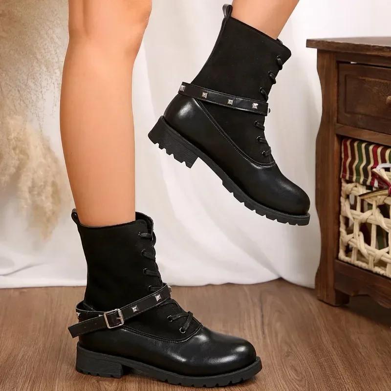 Mode Damen Schuhe im Sale 2024 Schnürstiefel Damen Herbst Winter Runde Zehenpartie Einfarbig Kurzer Schaft Klobige Absätze Übergröße Mode Stiefel