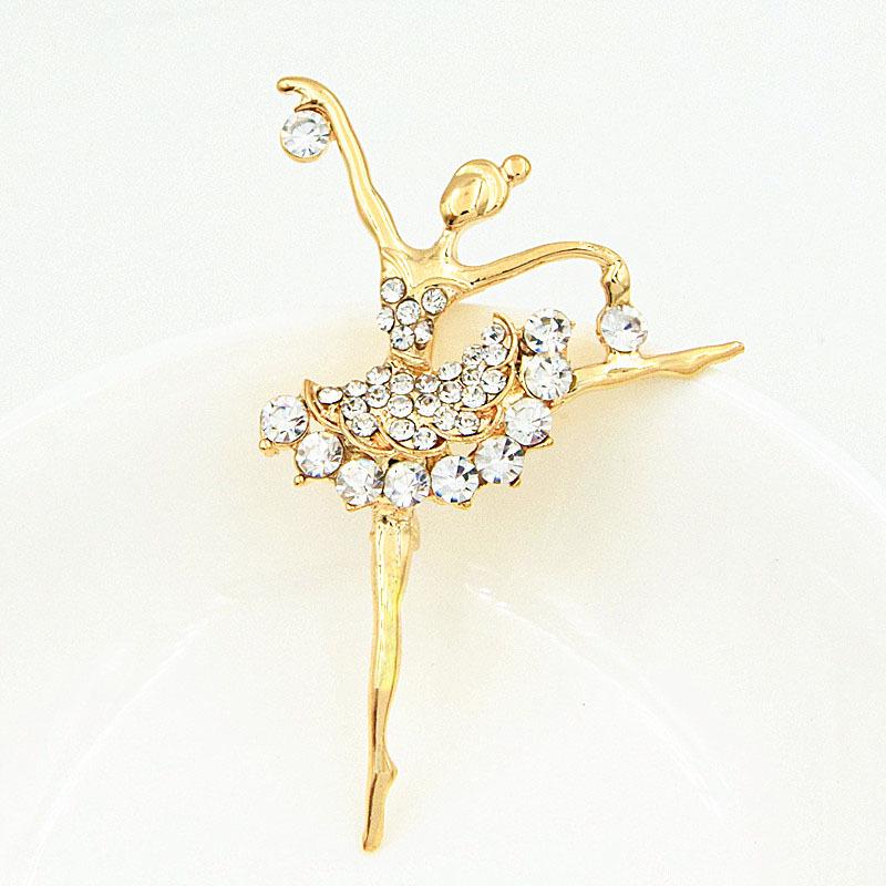 Gold-Plated Ballerina Brooch with Colorful Rhinestones