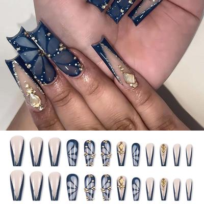 24 Uds. Uñas Postizas Cuadradas Largas Brillantes con Pedrería Uña Artificial Manicura Uña Acrílica Adhesiva Para Mujeres Niñas