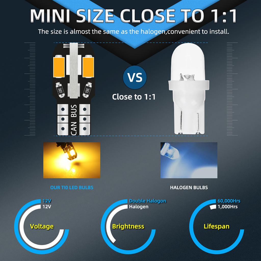 10/20PCS W5W T10 LED Bulbs Car Reading Light Clearance Lights 8SMD 12V 194 168 Side Wedge Light For Car License Light Warm White