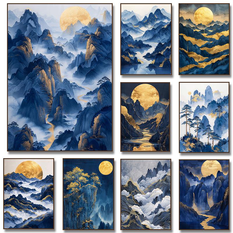 Landscape Blue Mountain Tree Forest Pine Temple River Gold Sun Poster Canvas Painting Print Wall Art for Living Room Home Decor