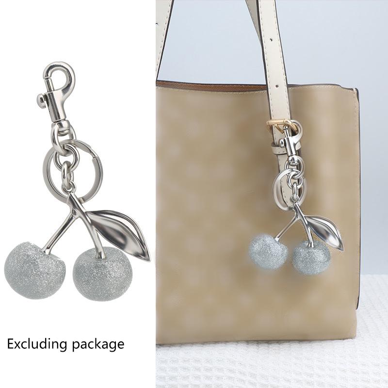 Glitter Silvery Cherry Keychain Fruits Cherries Pendant Car Keyring For Coach Handbags Shoulder Bags Accessories