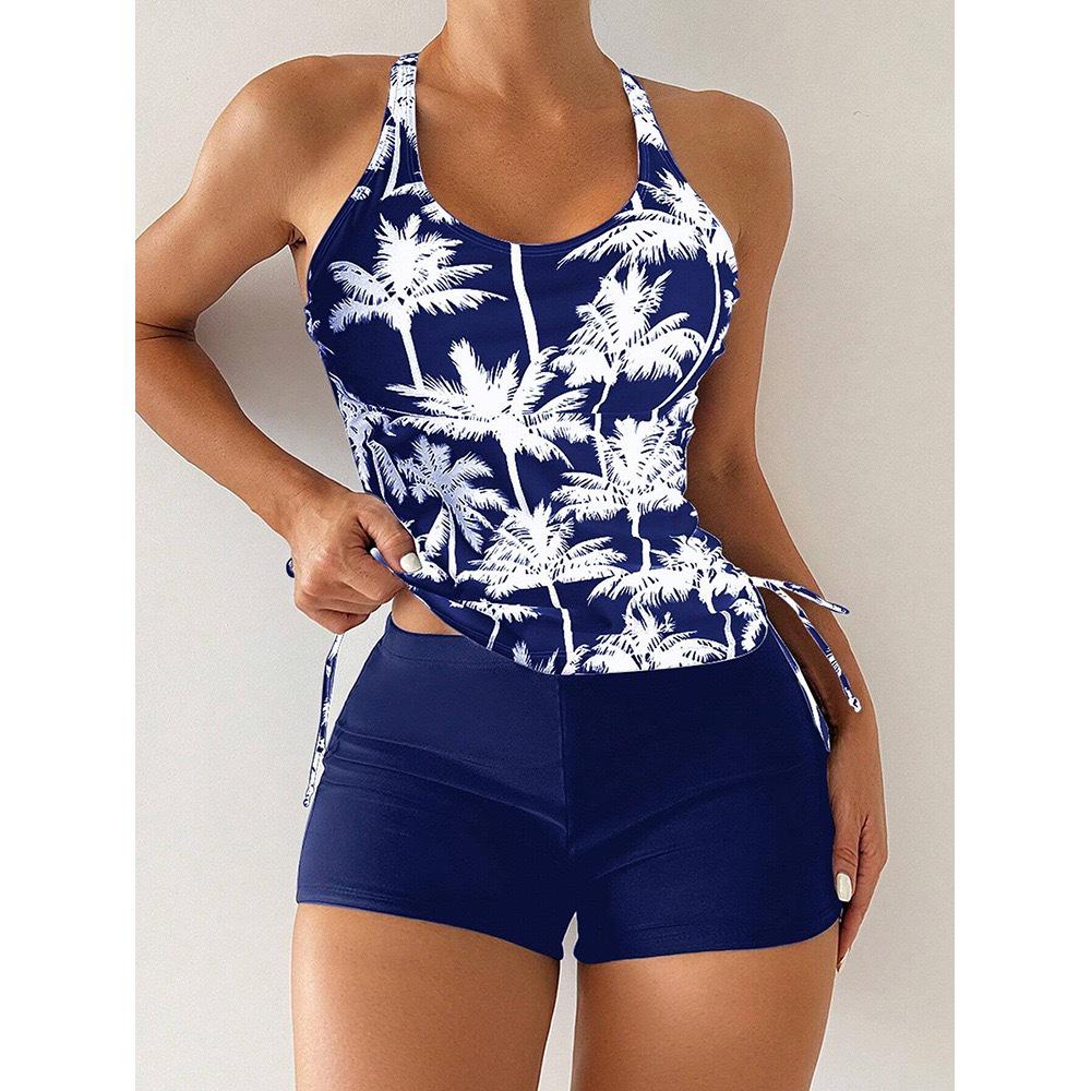 

2025 Европейско-американский Принт для Похудения Раздельный Танкини: Стильная завязка на шнурке, скрывающий живот, сексуальный купальник XXL темно-синий