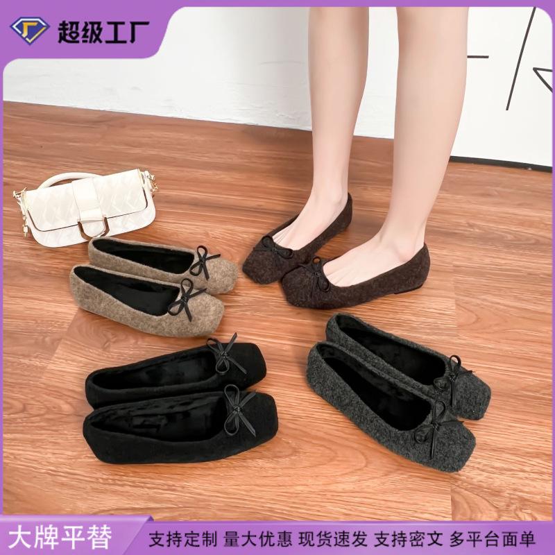 Grape Mother Spring New Bow Square Head Shallow Mouth Single Shoes Women 2025 Korean Version Soft Surface Flat Casual Shoes Women