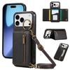 For iPhone 17 Pro Leather Back Cover Zipper Wallet Kickstand Phone Case with Shoulder Strap