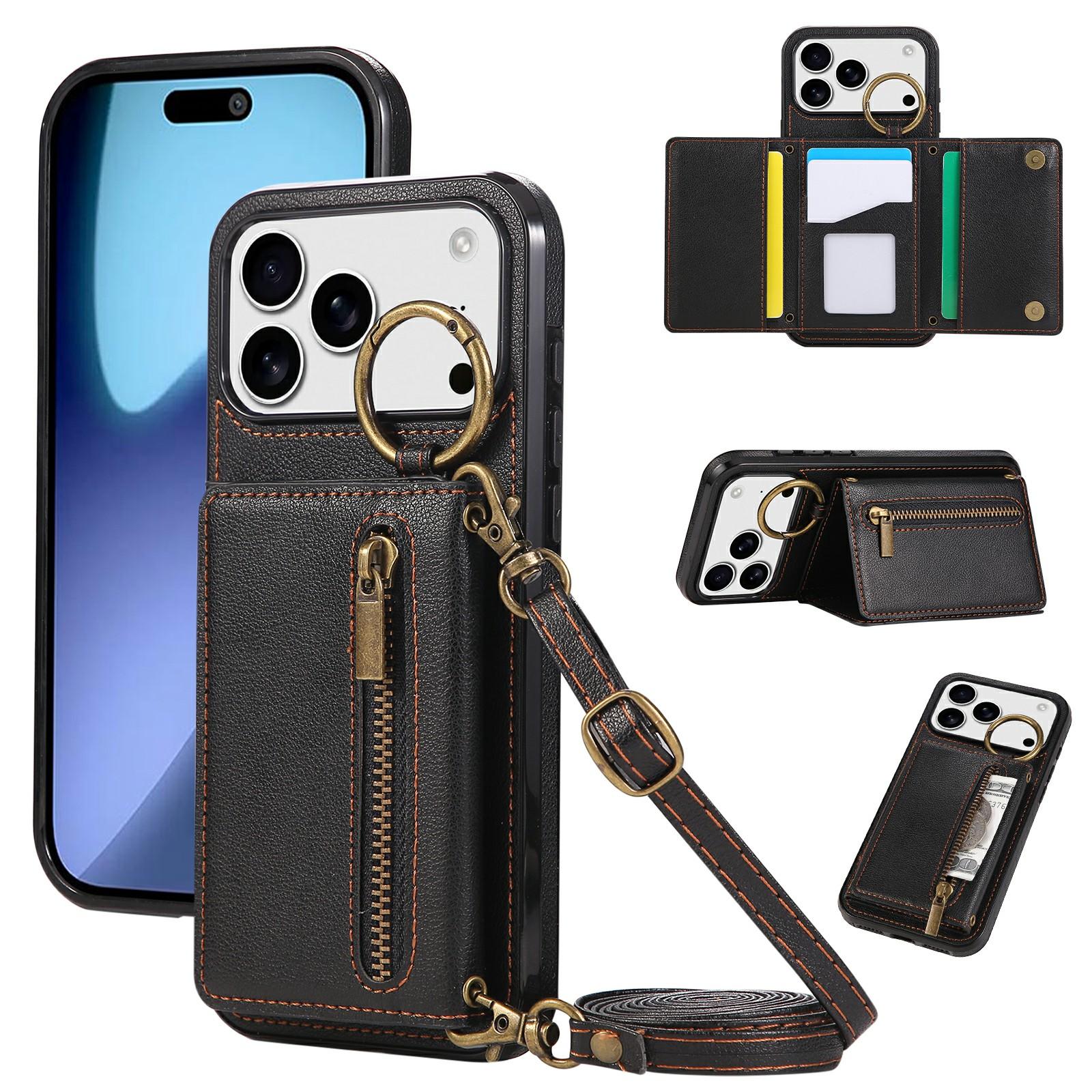 

For iPhone 17 Pro Leather Back Cover Zipper Wallet Kickstand Phone Case with Shoulder Strap Black