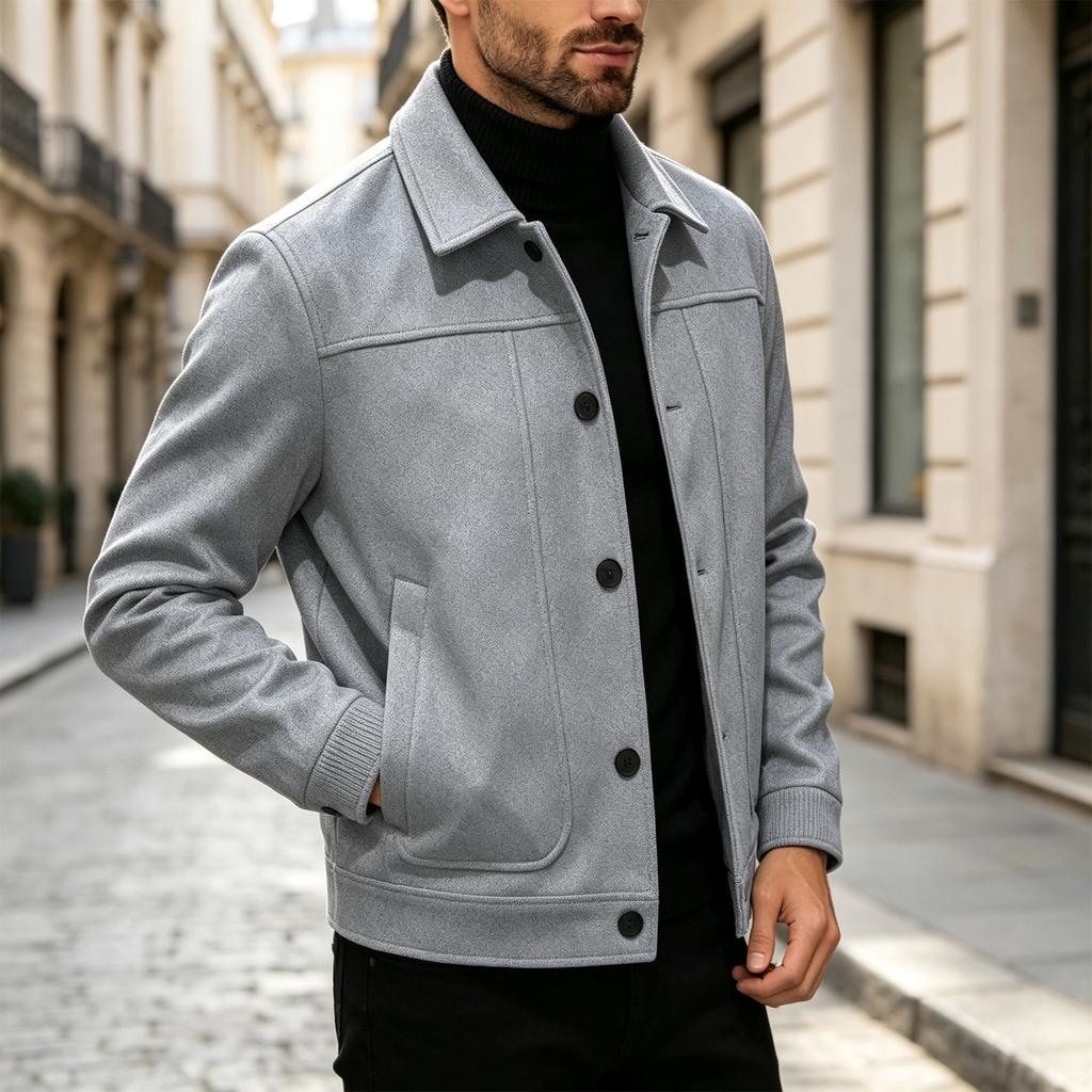 Herren Vintage Knopfleistenjacke mit Reverskragen, Kurzer Wollmantel für Frühling und Herbst