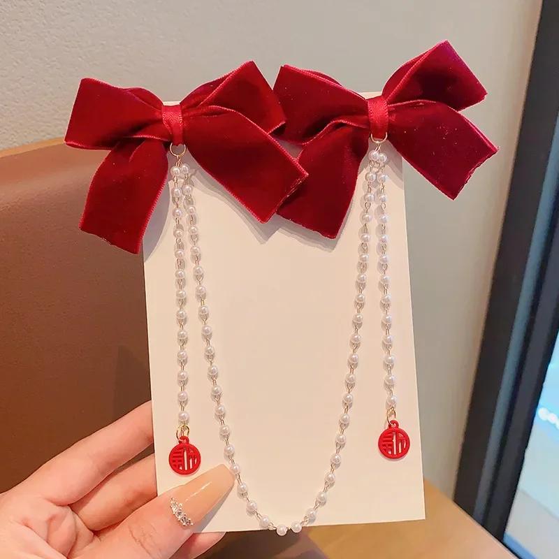 Eleganter Perlen-Schleifen-Quasten-Haarclip Solide Samt-Haarklammer Kinder Prinzessin Beste Haarnadeln Neue Mode Schönheit Haaraccessoires