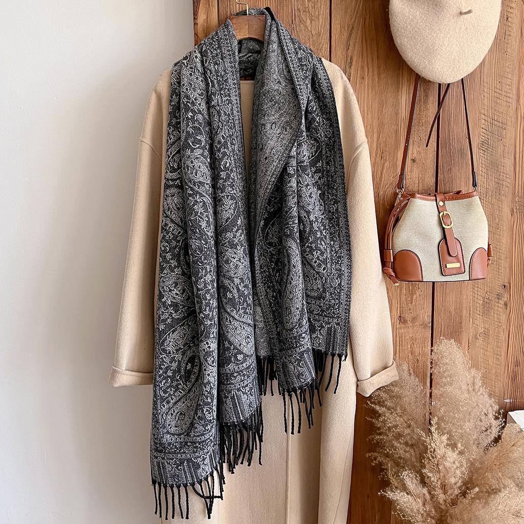 Fashion Women'S Cashmere Winter Shawl - Vintage Oil Painting Floral Printed Tasseled Pashmina Thick Wrap & Echarpe Poncho