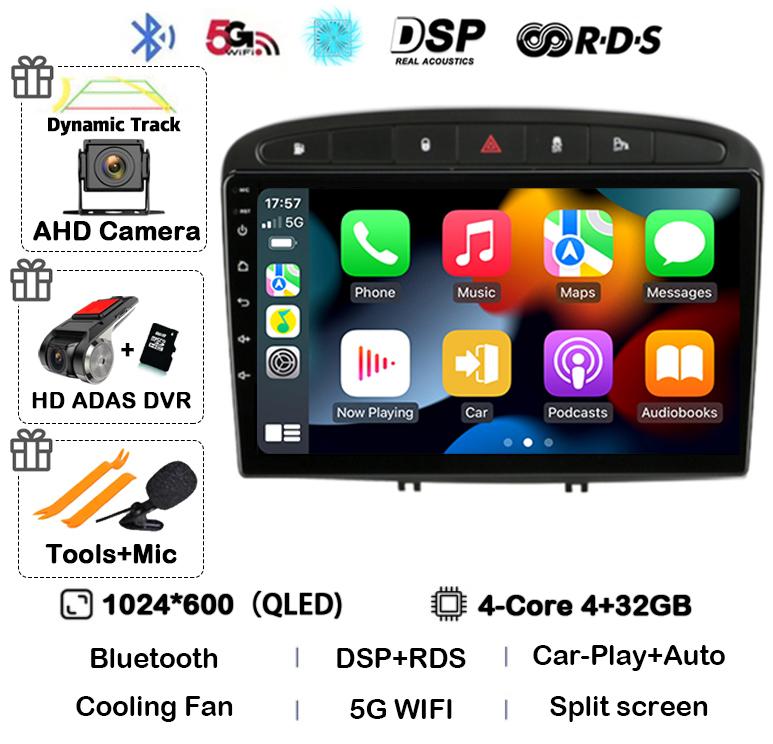 Android 14 Carplay Auto for Peugeot 308 308SW 2007-2015 408 2012-2020 Car Radio 2 DIN GPS Stereo Multimedia Player Head Unit DSP