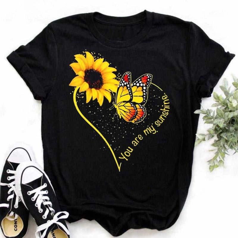 Cotton 100% Comfortable Casual Women's Black Top Women's T-shirt Casual Sunflower Butterfly Print Oversized T Shirt  Tops