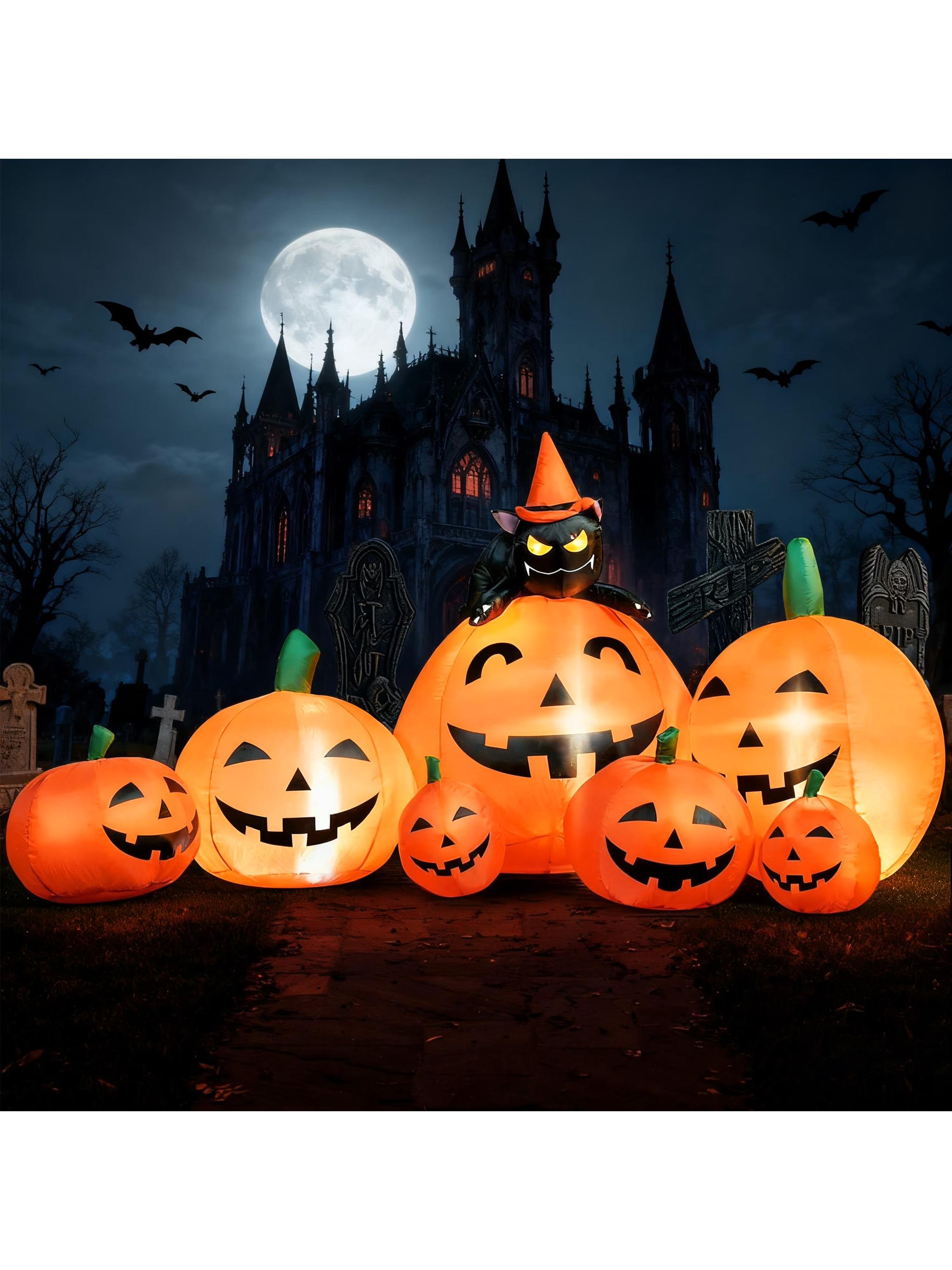 

Joyfy 7 ft Halloween Inflatable Long Pumpkin with Witch s Cat Decorations Inflatables with Build-in LEDs Halloween Decor