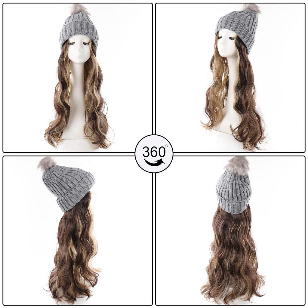 Women's Winter Wig Hat Knitted Hat Long Wave Straight Hair Synthetic Hat Wig
