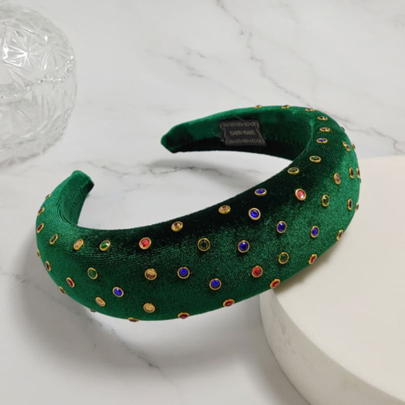 LALA Velvet Jeweled Zigzag Hairband - Green