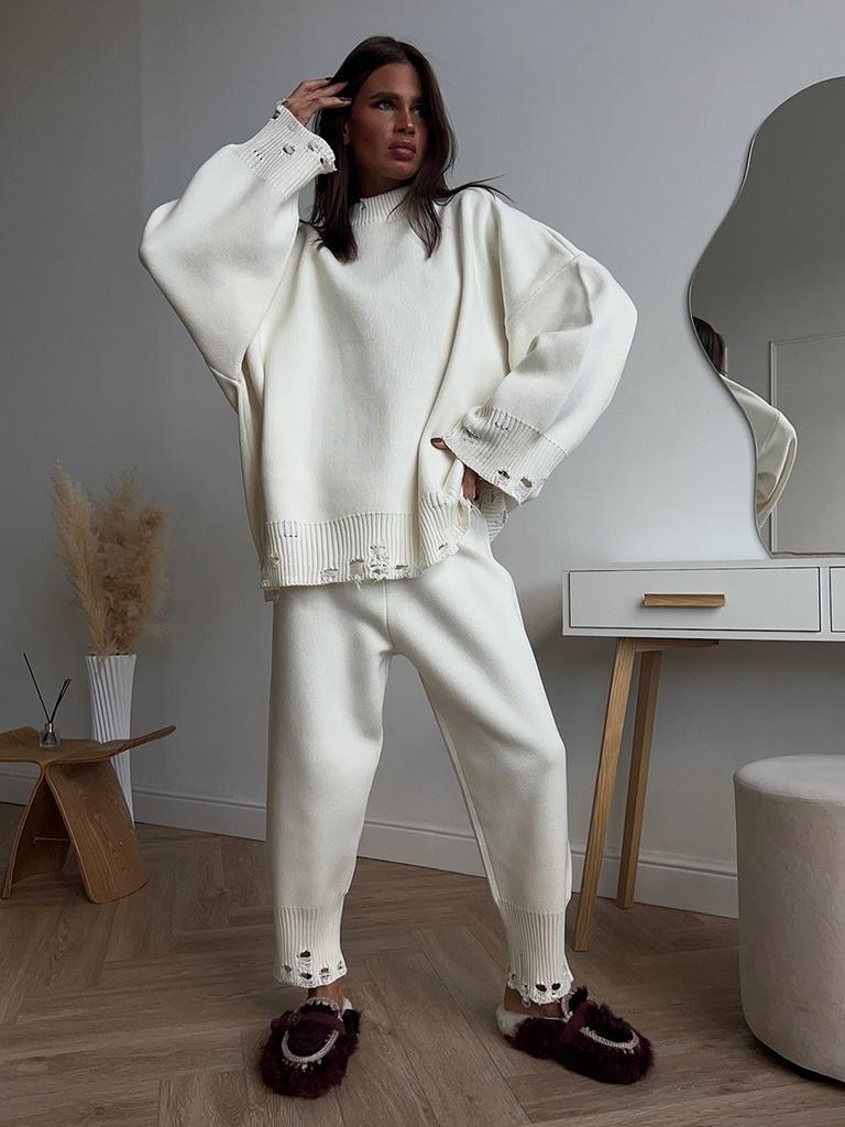 2026 Fall Winter Women's Distressed Sweater Set Round Neck Knit Top + Skinny Pants 2 Piece INS Style Casual Outfit