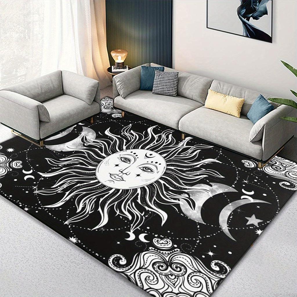 Soft 3D Sun and Moon Area Rug - Large, Non-Slip Polyester Mat with Mushroom & Skull Design for Living Room and Bedroom Decor