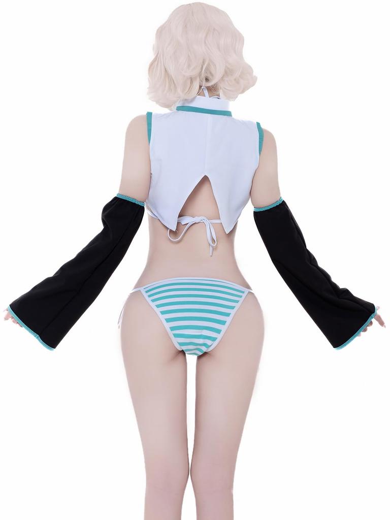 Sexy Anime Character Style Bikini Cosplay Striped Pattern Thong Bra Tie 2 Arm Cute Uniform Style Bodycon Costume Halloween Photoshoot Free Size Green