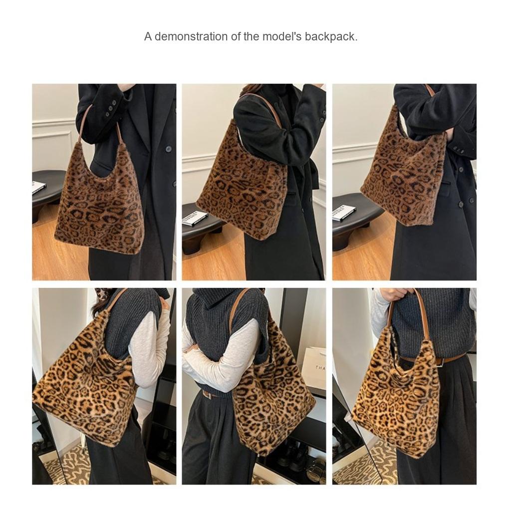 Hobo Bag for Women Plush Black Leopard Print Single Shoulder Carry Daily Use