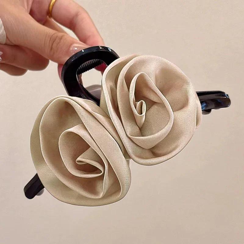 French Big Double Rose Flower Hair Claw Clips for Women Girls Vintage Satin Solid Fabric Handmade Shark Hairgrip Accessories New