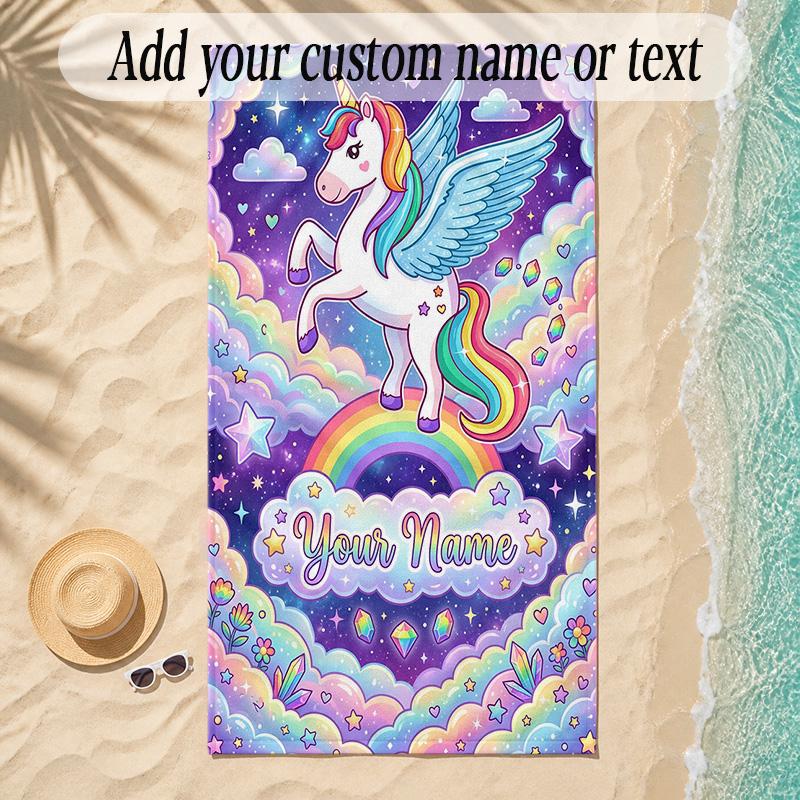 Unicorn Theme Soft Beach Towel Personalized Custom Name Text Towel Portable for Beach Pool Travel