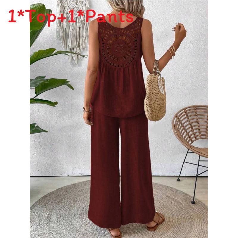 Bohemian Style Sleeveless Top And Wide Leg Pants Set With Polyester Fabric For Casual Summer Wear