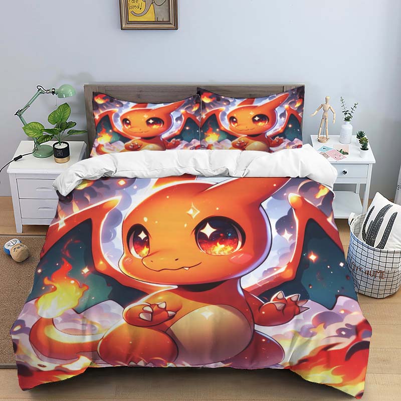 Cute Cartoon Charizard-Themed Bedding Set, featuring a soft duvet cover and pillowcases—perfect for teenagers, children, and mor