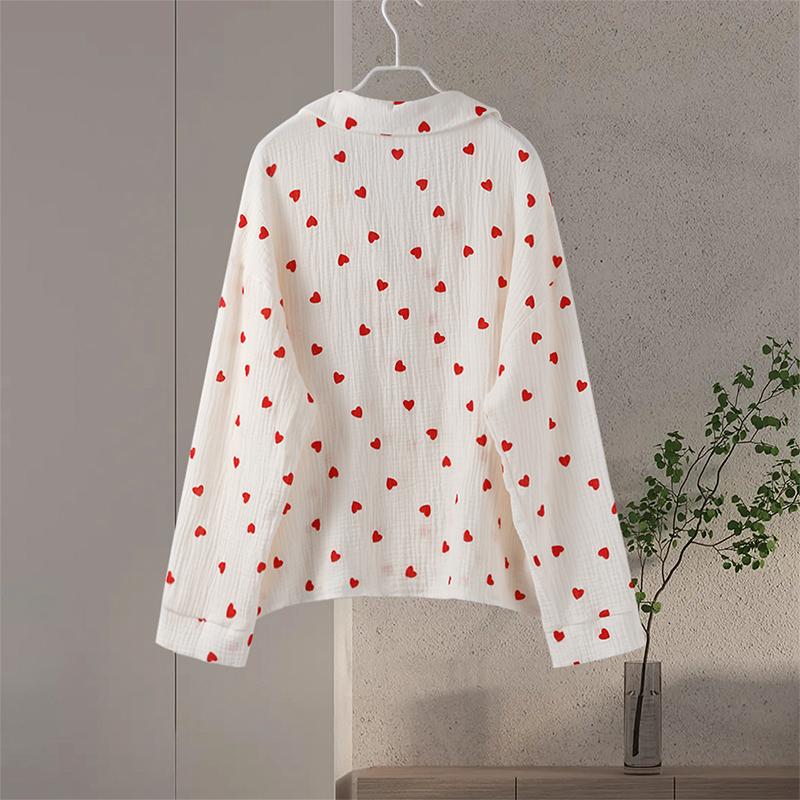 Baumwolle Pyjamas mit Liebesdruck für Damen, einreihig, mit Tasche, Neu in der Damennachtwäsche 2025, Frühling/Herbst, Revers, lange Ärmel, Damenkleidung