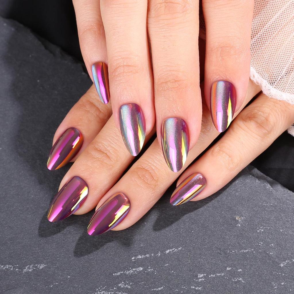 Electroplated Iridescent Cat Eye Almond Stiletto Nail Tips - Wearable Pre-made False Nails for Art.