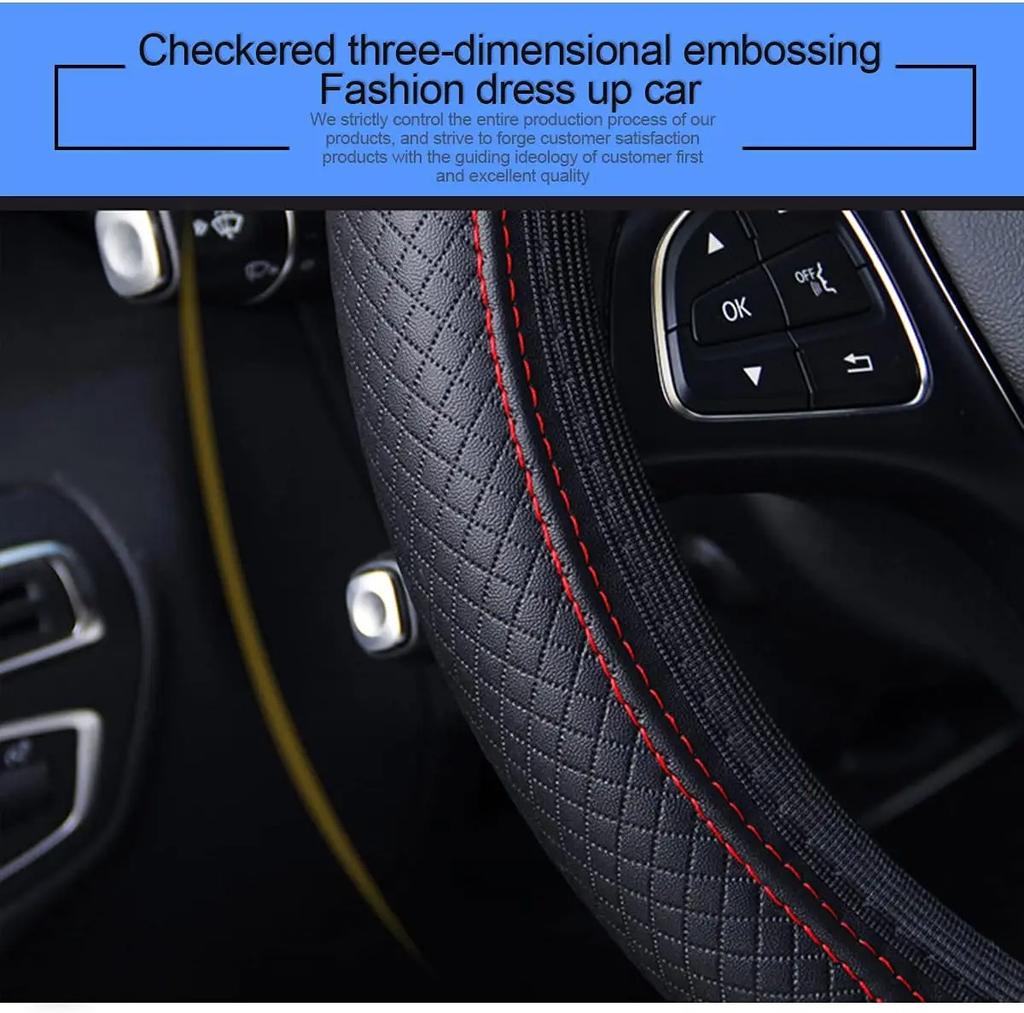 Leather Car Steering Wheel Cover, Elastic, Breathable Anti-Slip, Universal 14.5inch-15 inch, Steering Wheel Cover for Men Women