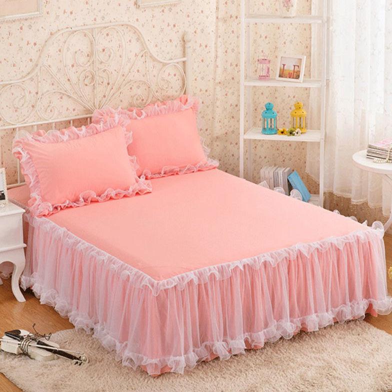 3 Pink Lace Bed Skirts Ruffle Edge Mesh Protective Bedspread Thickened Anti Slip and Dustproof Bed Sheets and Pillowcases