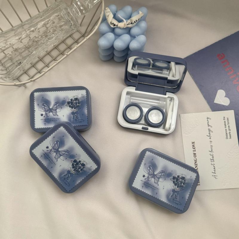 Portable Vintage Blue Butterfly Contact Lens Storage Case With Mirror Contact Lens Container Box For Travel Outdoor Gift