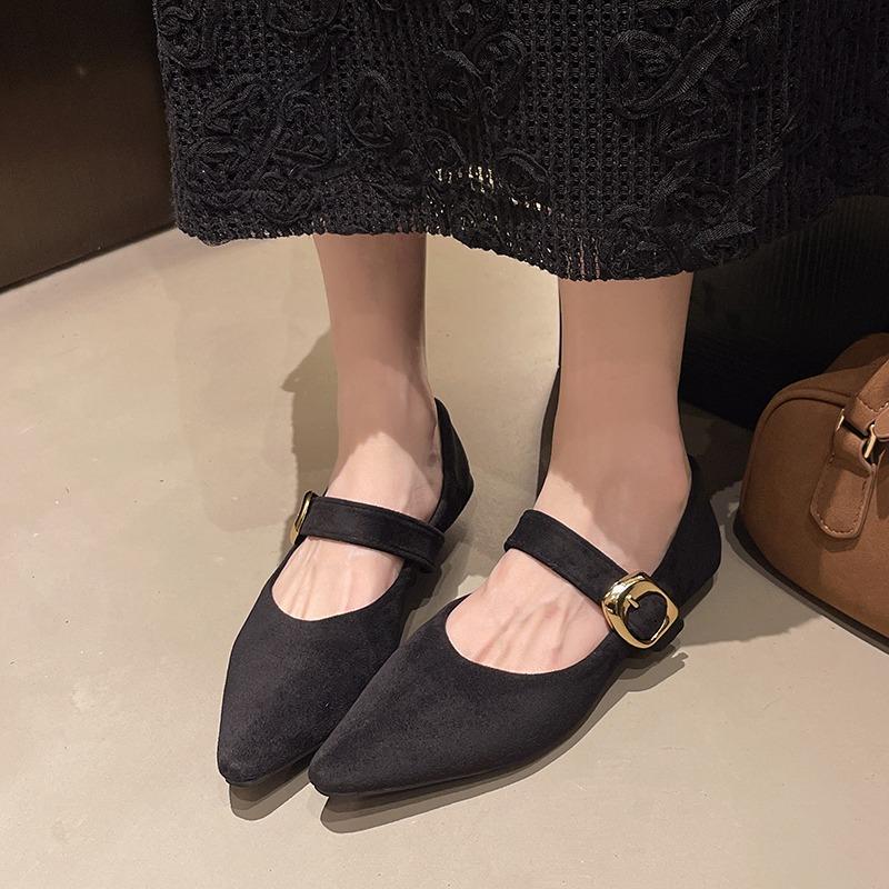 Mode 2025 Niedrig Absatz Damen Pumps Ein Wort Schnallenriemen Design Einfarbig Weiblich Flacher Ausschnitt Spitze Zehen Bequeme Niedrig Absatz Schuhe