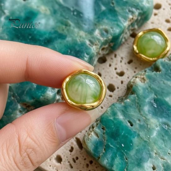 Transparent Resin Earrings 1 Pair Gemstone Stud for Women, Gold Plated Round Natural Modern Jewelry Gifts Healing Stone Earrings, Stainless Steel Flat